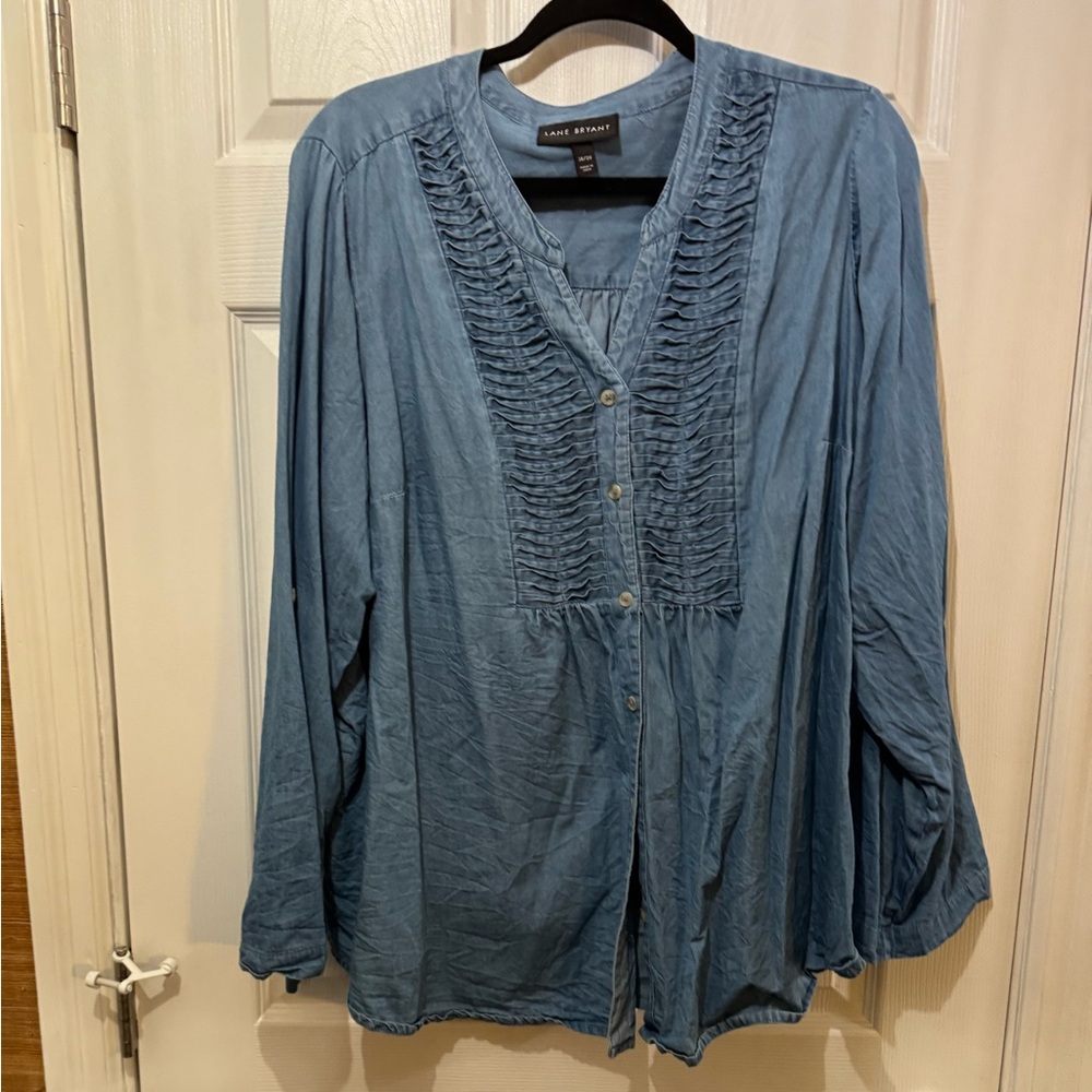 Lane Bryant Light Blue Button-Front Peasant Blouse